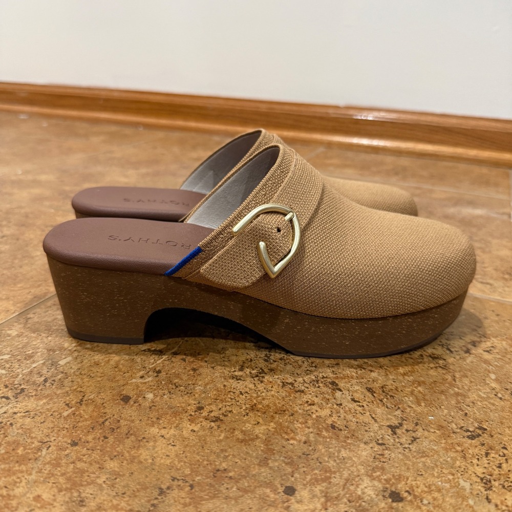 Rothys The Classic Clog Tan Platform Buckle Knit Shoes Womens Sz 9.5 NWOB Staple - Picture 5 of 9